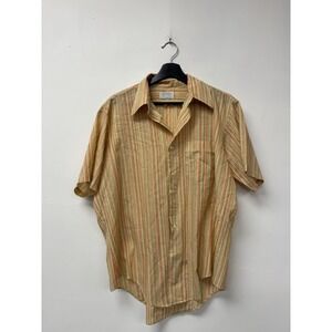 Vintage Manhattan‎ Shirt Large Beige Stripe Short Sleeve Dura Brite Torque 70s